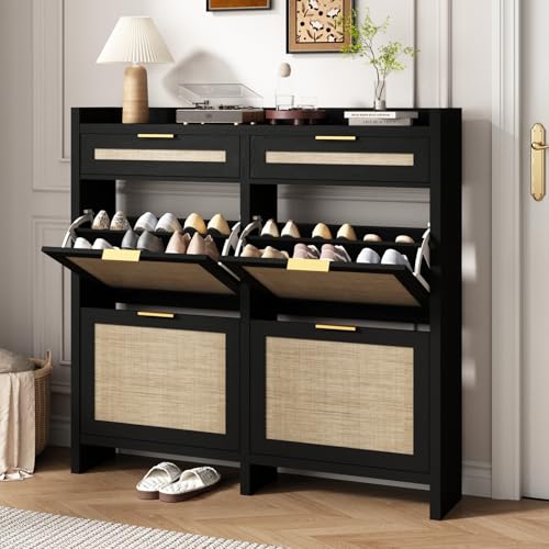 Large Rattan Shoe Storage Cabinet with 4 Flip Drawers & 2 Storage Drawers – Hidden Slim Shoe Organizer for Entryway, Large Tabletop Space, Farmhouse Boho Narrow Shoe Rack, Rustic Black 4 Fli