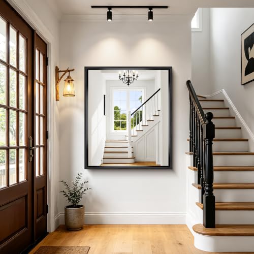 Image of Bathroom Mirror, 42 x 36 Inch Brushed Black Rectangle Mirror, 0.6 inch Thickened Deep Frame Mirrors for Wall Over Sink, Shatterproof Tempered Glass, Antirust, Horizontally or Vertically