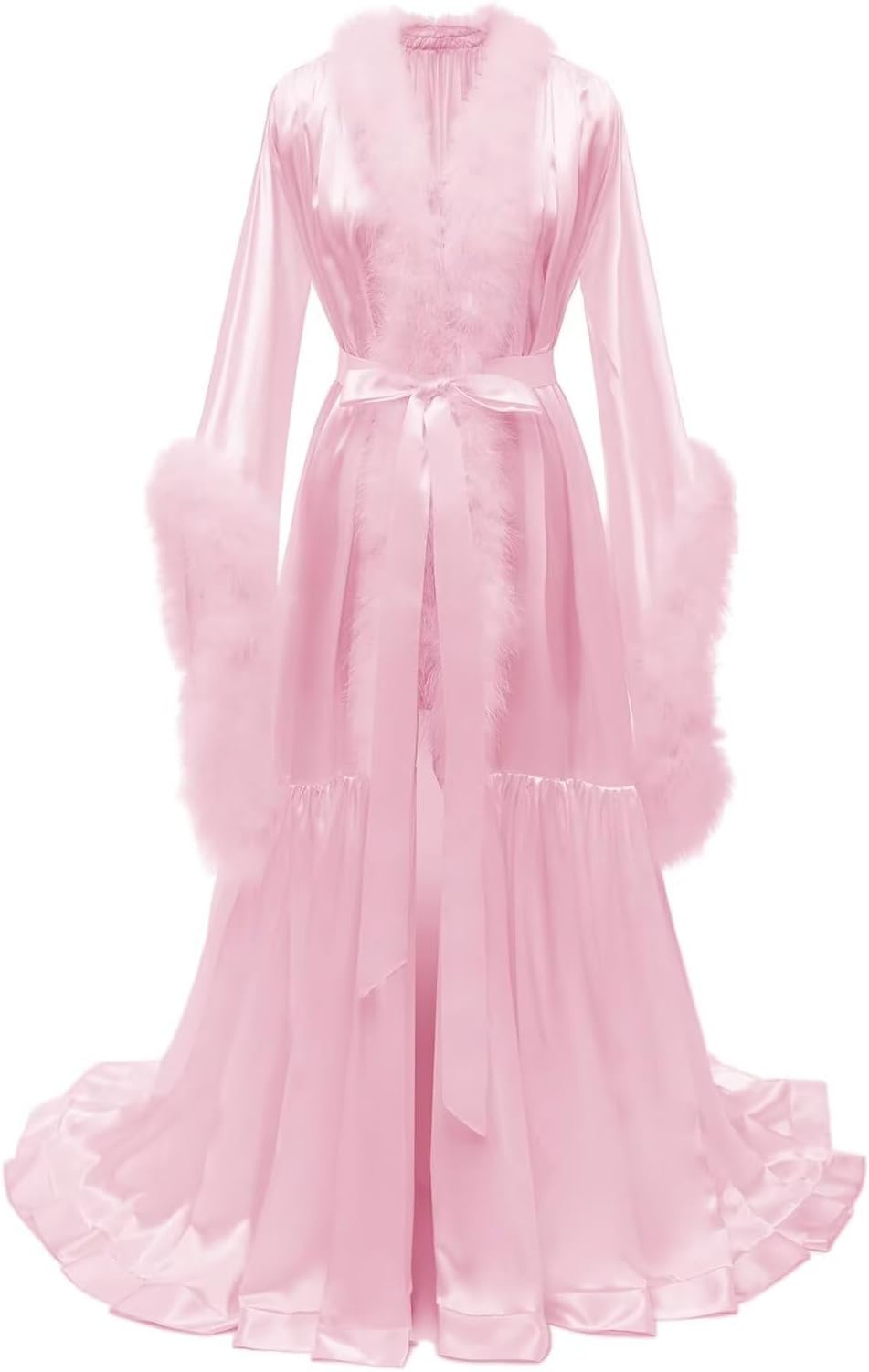 Feather Bridal Robe Silk Satin Fur Robe Long Luxury Maternity Gown for Photoshoot Wedding Dressing Lingerie Nightgown