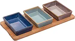 LYOR - Conjunto 3 Petisqueiras de Cerâmica Com Bandeja de Bambu 31 x 14,5 x 3,5Cm