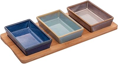 LYOR - Conjunto 3 Petisqueiras de Cerâmica Com Bandeja de Bambu 31 x 14,5 x 3,5Cm