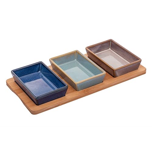 LYOR - Conjunto 3 Petisqueiras de Cerâmica Com Bandeja de Bambu 31 x 14,5 x 3,5Cm