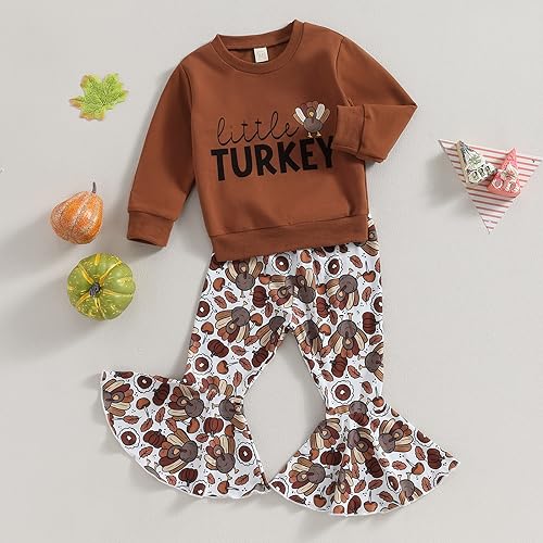 BemeyourBBs Toddler Baby Girl Thanksgiving Outfit Turkey Long Sleeve Sweatshirt Top with Bell Bottom Pants Set Fall Clothes2