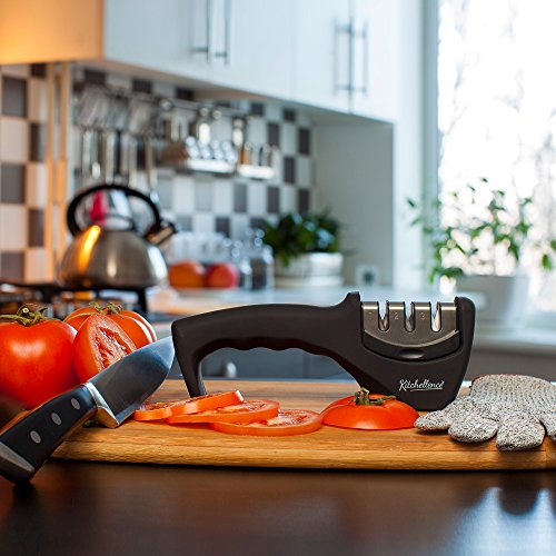 2-in-1 Kitchen Knife Accessories: 3-Stage Knife Sharpener Helps Repair, Restore and Polish Blades and Cut-Resistant Glove