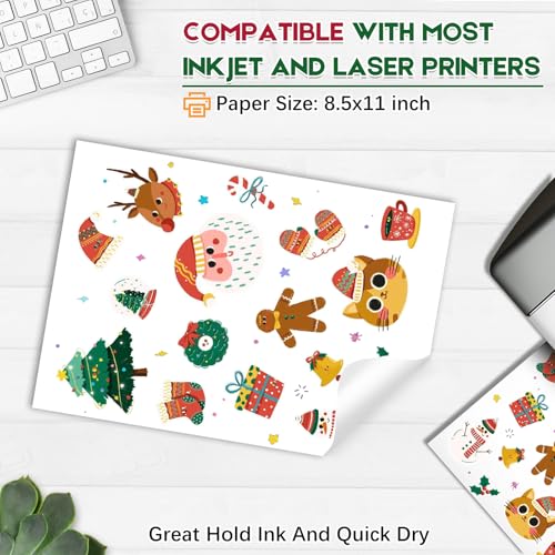 Papel adesivo de vinil imprimível premium para impressora a jato de tinta e laser, 60 folhas branco