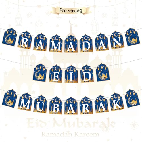 3pcs Ramadan Banner Eid Mubarak Decoration, 2 in 1 Ramadan Kareem Hanging Banners Decor, No DIY Needed Eid Al-Fitr Iftar Party Favor Hang Garland Supplies for Home Tree Fireplace Wall