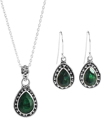 AMALFI - Juego de collar y aretes de esmeralda en bruto de plata de ley, juego de joyas de Amalfi para mujer en plata 925 maciza, piedras verdes de