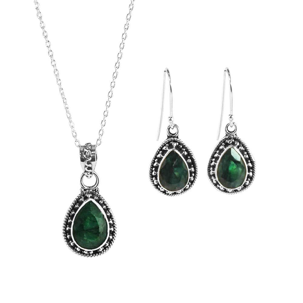 SivalyaAMALFI Raw Emerald Necklace Earrings Set Sterling Silver - Amalfi Jewelry Set for Women in Solid 925 Silver - Natural Pear Green Stones - Emerald Gemstone Jewelry- Gift Packaging Included