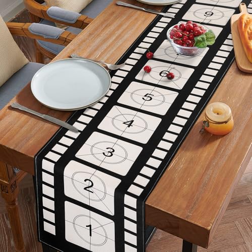 Miniatura 6 de Camino De Mesa Con Diseño De Temática De Película Novedosa, 40 X 140 Cm, Con Números En Blanco Y Negro, Camino De Mesa Con Tira De Película, Mantel Decorativo Para Cocina, Fiesta De Películas