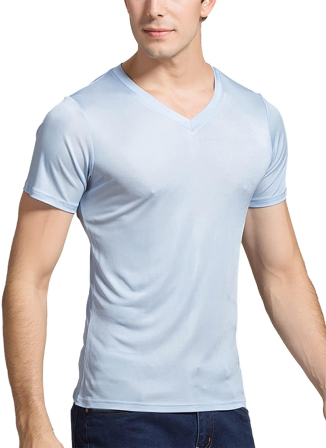 Grenasasilk Mens Silk T-Shirts Short Sleeve Mulberry-Silk Tee Tops Breathable & Moisture V-Neck Undershirt