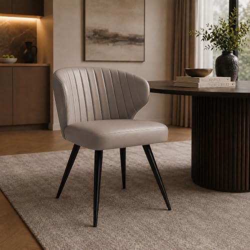 Image of Finch Fox Shree Faux Leather Living Room Dining Chair in Beige Color with Black Powder Coated Metal Legs