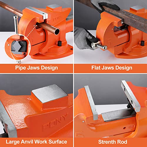 PONY Heavy Duty Bench Vise, 5-inch Jaw Width 7-inch Jaw Opening, 360-Degree Swivel Base with Anvil, Utility Combination Pipe Home Vise for Woodworking, One-Pair Vise Jaw Pad Included