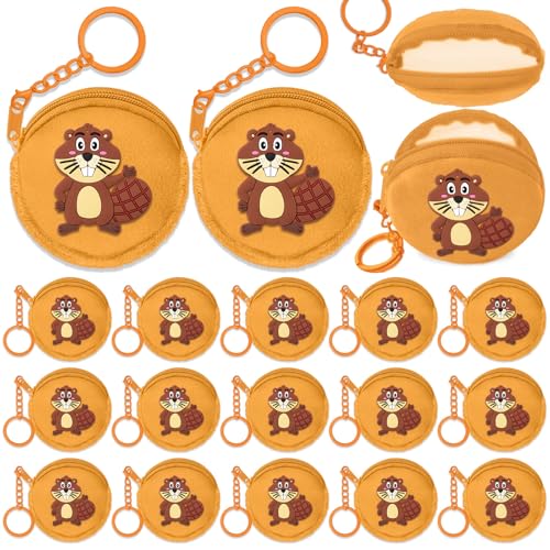 Elecrainbow 15 Pack Beaver Coin Purses with Keyring for Safari Jungle Decor,Castor Favor, Wild Animal Themed Birthday,Anniversary,Khaki