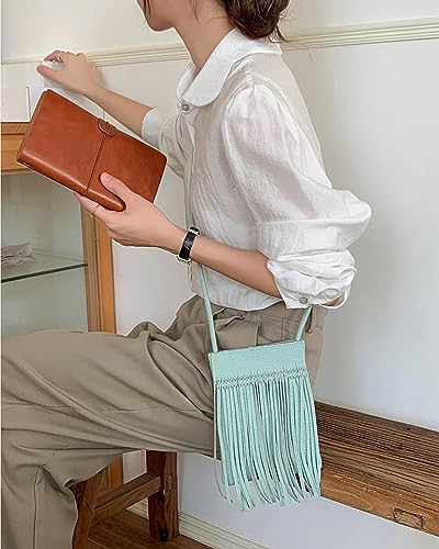 Image of Women Leather Fringe Messenger Bag Mini Hobo Crossbody Tassel Shoulder Bags