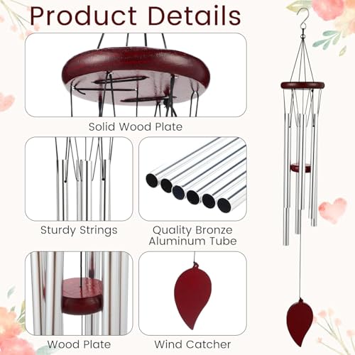 Image of Outdoor Wind Chimes with Wooden Top, 26 inch Large Aluminum Tube Wind Chime, Deep Tone Hanging Wind Chime for Garden, Patio, Porch, Balcony, Memorial & Home Decor Gift (Silver)