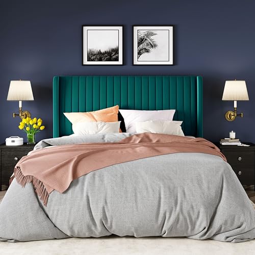 Image of Allewie Queen Size Bed Frame /Velvet Upholstered Platform Bed /Vertical Channel Tufted Wingback Headboard /Strong Wooden Slats /No Box Spring Needed /Easy Assembly /Teal