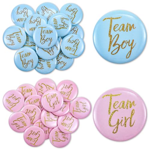 Ouligay 30 Stück Geschlecht Offenbar Button 4 5cm Gender Reveal Party Deko Team Boy und Team Girl Pin Abzeichen Rund Pinback Knopf Pins für Baby Shower Party Dekoration Zubehör (Blau und Rosa)