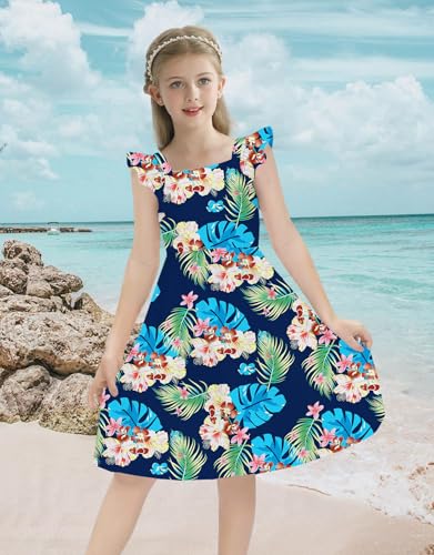 21KIDS Girls Summer Tie Back Dress Ruffle Sleeve Tropical Print Casual Midi Dress with Pockets for Girls 6-12 Years2