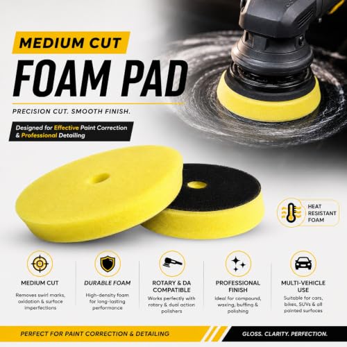 Image of Maple Car Care 4-Inch Medium Cut Foam Pad for Car | Yellow Flat Buff Pad for Car Detailing | Heat Resistant Rotary & DA Polisher Pad | Waxing Buffing Pad for Polishing | Polish Pads for Car & Bike