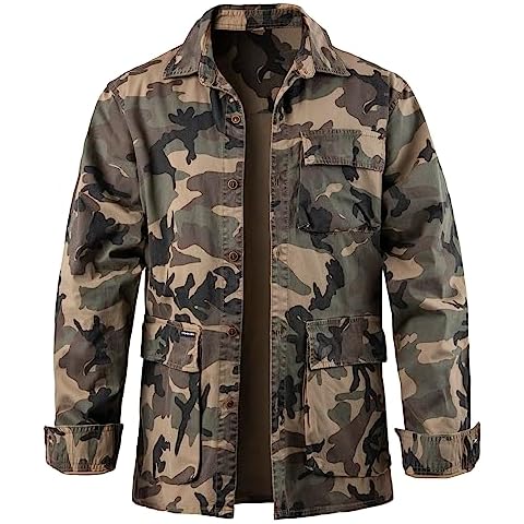 Harbrosrce Men's Vintage Shirt Long Sleeve Military Button Down Cargo Thick Cotton Shirt Tactical Training Hiking Work Shirts Western Camoflage Tops Cover