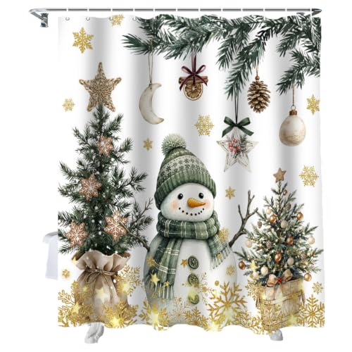 Christmas Shower Curtain, Green Snowman Shower Curtains Set with Hooks, Gold Star Snowflake Pine Tree Waterproof Bathroom Curtains Xmas Holiday Decor Home Accessories,Stall Long 54 X 78 Inch