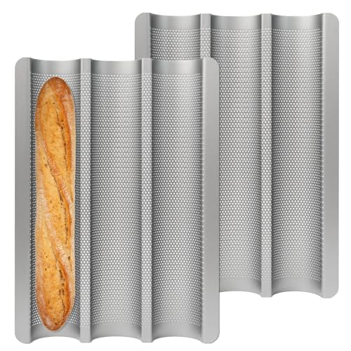 Pilikoll 2 Stück Baguette Backform mit Antihaftbeschichtung Baguette-Backblech für 3 Baguettes Brötchen Backform aus Karbonstahl Brötchen Backform für Stangenbrote,Baguetteform,Brotbackform (38x27cm)