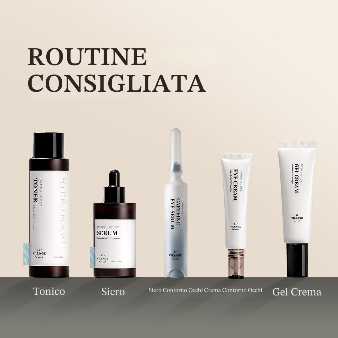 VILLAGE 11 FACTORY Siero occhi alla caffeina (10 ml) soluzione di caffeina 10%, esapeptide-8, niacinamide, trattamento elasticizzante, antirughe, occhiaie Hydro Boost Caffeine Eye Serum