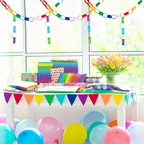Decoración de fiesta sin pegamento usando cadenas de papel arcoíris con cintas adhesivas 5