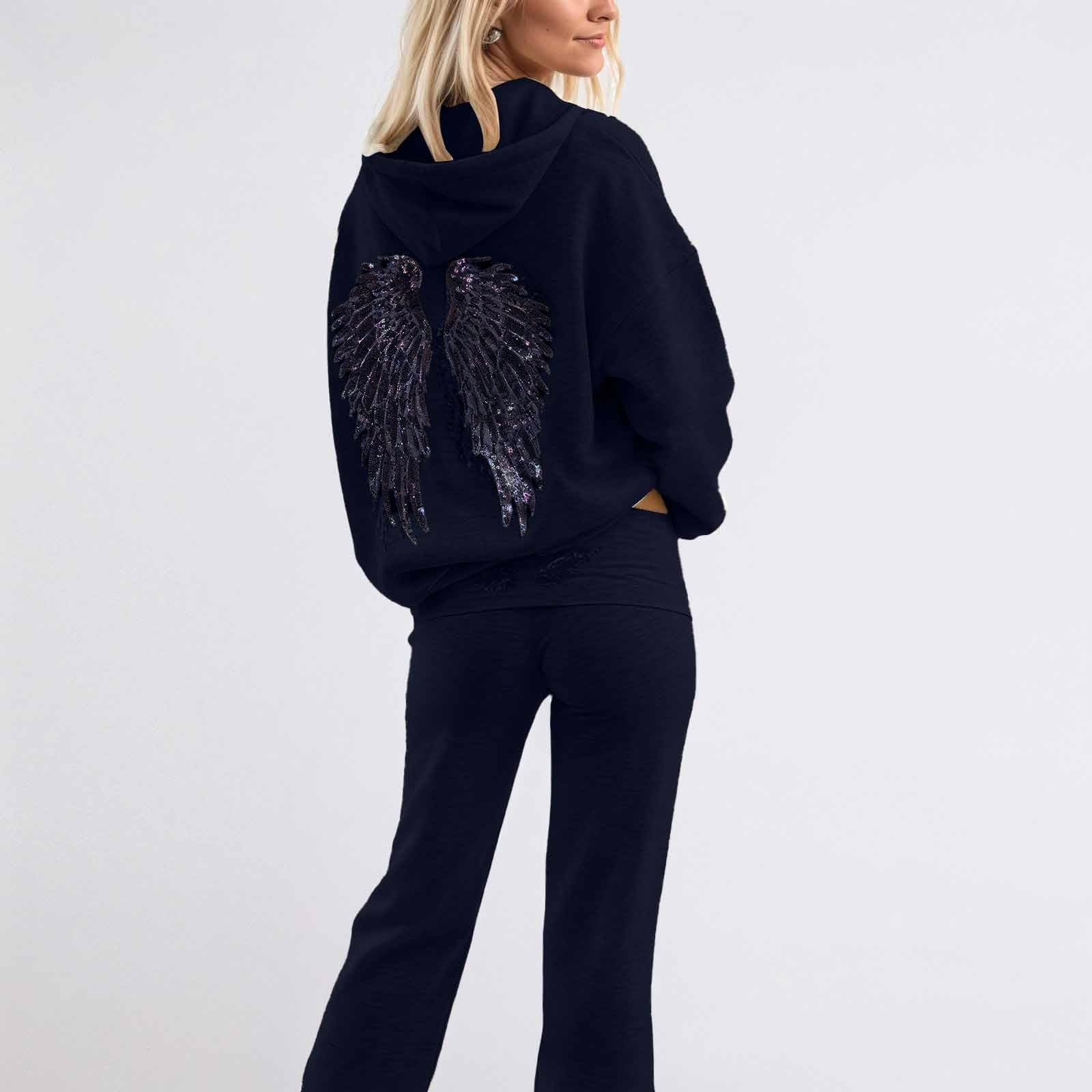 Generico Tuta Sportiva Donna Elegante 2 Pezzi, Felpa con Cappuccio e Pantaloni a Vita Elasticata, Decorato con Paillettes e Ali d'Angelo in Strass, Stile Streetwear Y2K per Autunno-Inverno