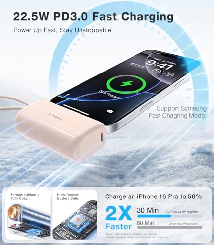 Image of TORRAS 2-in-1 iPhone 16 Portable Charger, 5,000mAh 22.5W Mini Power Bank with Built-in USB-C Cable, Fast Charge Battery Pack, Travel Essential for iPhone 17 /16 /15, Galaxy S25, Google - Desert Titanium