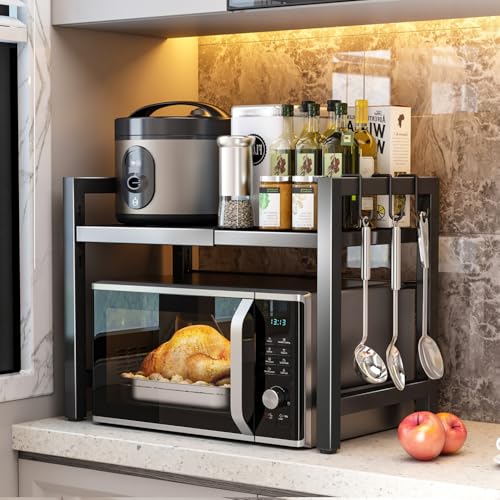 BELIFEGLORY Expandable Microwave Oven Rack Kitchen Countertop Over Microwave Stand Shelf Unit Kitchen Worktop Organiser for Air Fryer Space Saving Standing Bakers Racks (Black / 2-Tier)