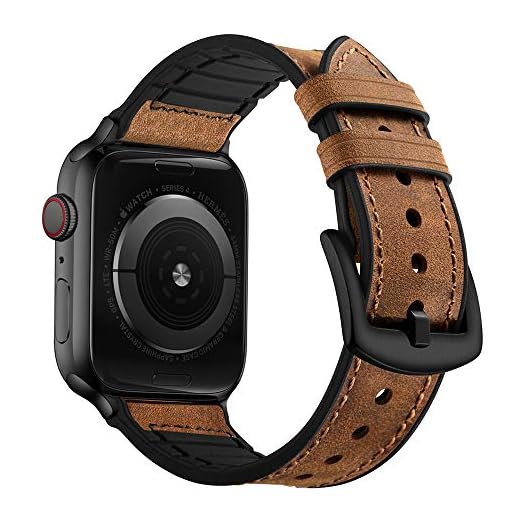 OUHENG Compatible with Apple Watch Band 45mm 44mm 42mm, Sweatproof Genuine Leather and Rubber Hybrid Band Strap Compatible with iWatch Series 7 6 5 4 3 2 1 SE, Brown Band with Black Adapter