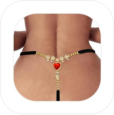 Summer Beach Crystal Heart Pendant Thong Panties Rhinestone Chain Thong G String Sexy Bikini Rhinestone Heart Waist Body Chain Jewelry for Women
