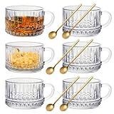 Maredash Glass Coffee Mugs with Spoon, Classic Embossed Tea Cups, Vertical Stripes Espresso Cups, Mu