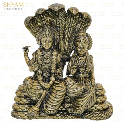 Image of Maa Laxmi And Vishnu Ji Resting On Snake Idol Brass 5.5 Inch Maa Lakshmi Vishnu Ji Sitting On Sheshnag Murti Lakshmi Narayan Statue for Home Office Temple Diwali Puja Gifting Decor Purpose