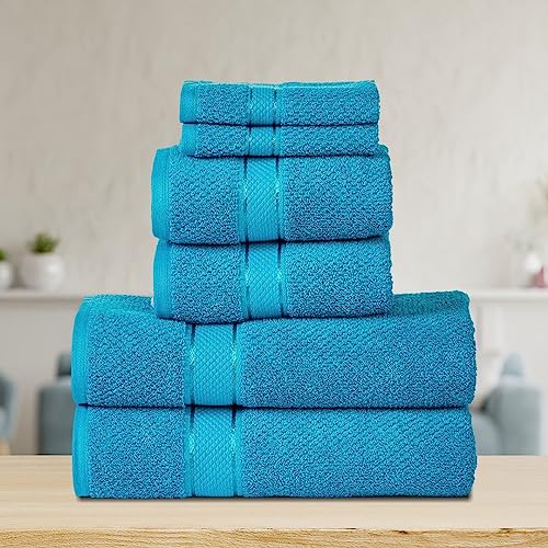 Image of SENSES by Riba Textured Rice Weave Cotton Towels Set (6 Pieces, 550 GSM, Turquoise) | Bath Towel Combo - 2 Bath, 2 Hand & 2 Wash Towels | Antimicrobial, Soft, Absorbent Ideal for Daily Use & Gifting