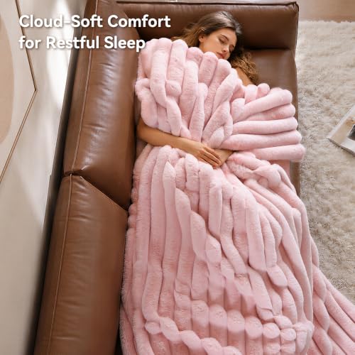 Blush Pink Fluffy Faux Rabbit Fur Striped Blanket 60 by 80 870GSM - Image 4