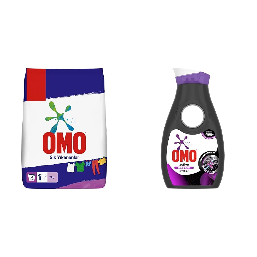 OMO Toz Çamaşır Deterjanı Sık Yıkananlar 5 kg(1) OMO Sıvı Çamaşır Deterjanı Siyahlar İçin Siyahlarınızı Koruyarak En Zorlu Lekeleri İlk Yıkamada Çıkarır 910 ML 14 Yıkama(2)