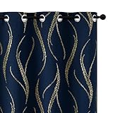 Yakamok Blackout Curtains for Livingroom, Curtains 63 Inch Long - Navy Blue and Gold Waver Curtains with Pattern, Grommet Room Darkening Drapes for Bedroom (52W x 84L Inch, Navy Blue, 2 Panels)