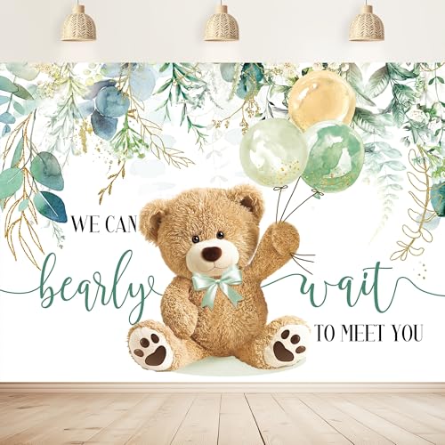 Imirell Telón de fondo de oso para baby shower, 7 pulgadas de ancho x 5 pulgadas de alto, con texto en inglés «We Can Bearly Wait», hojas verdes, acuarela, eucalipto, tela de poliéster, globos de
