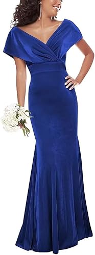 Wchecalino Women's Velvet Bridesmaid Dresses Long Mermaid Wrap Off The Shoulder Formal Evening Party Dress