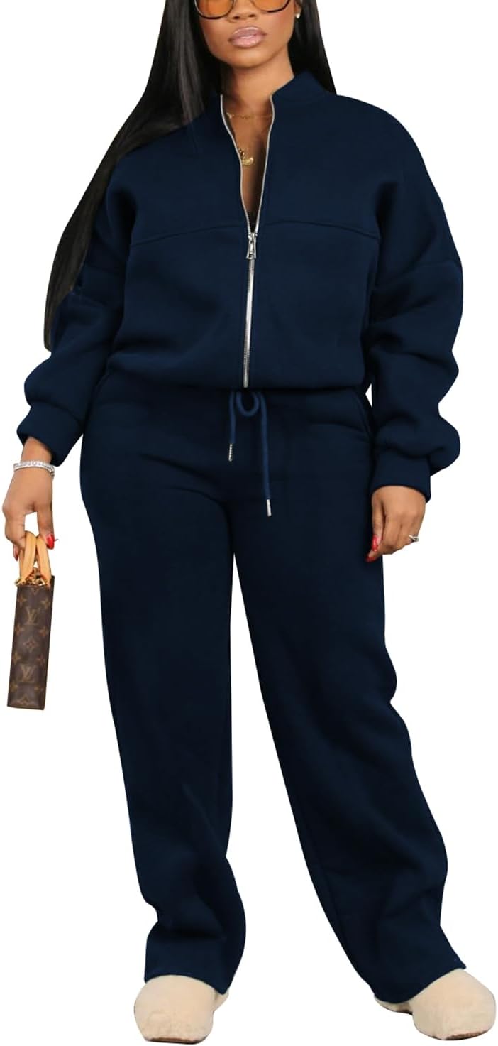 PINSV Women's 2 Piece Outfits Sweatsuits Full Zip Sweatshirts Wide Leg Sweatpant Sets Tracksuits