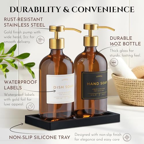 Glass Soap Dispenser Set of 2 (Amber) with Silicone Tray | Hand and Dish Soap Dispenser for Kitchen and Bathroom | 16.8 Oz Glass Bottles with Stainless Steel Pump & 15 Waterproof Labels (Amber/Gold) - image 6