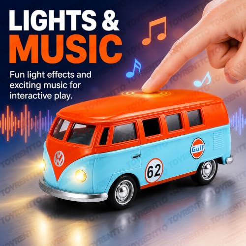 Image of VWT1 1:32 Scale Die-Cast Toy Bus with Pull Back Action, Lights and Music, Openable Side Door, Rolling Wheels, Retro Camper Van Collectible Model for Kids, Adults, Display, Play and Gifting