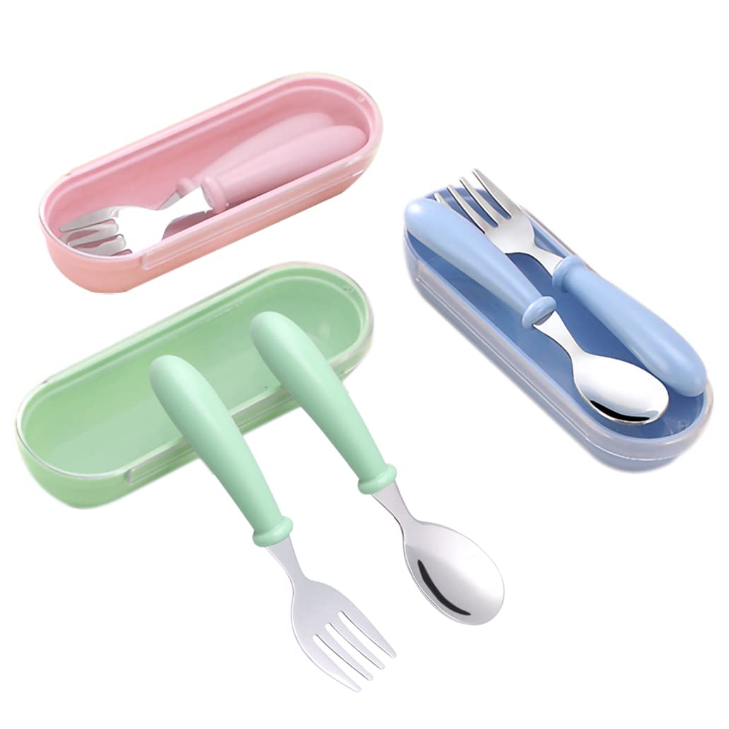 3 Toddler Fork and Spoon Sets, Safe Baby Tableware Kids Feeding Cutlery Utensils with Travel Case, Pink + Green + Blue