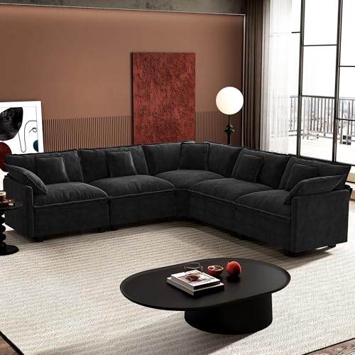 Image of Ihanherry 114 inch V-Shaped Modern Sofa Modular Sectional Cloud Couch with Corner Section, 5-Seat Chenille Deep Seat Sofa with 5 Pillows for Living Room, Bedroom and Apartment, Black