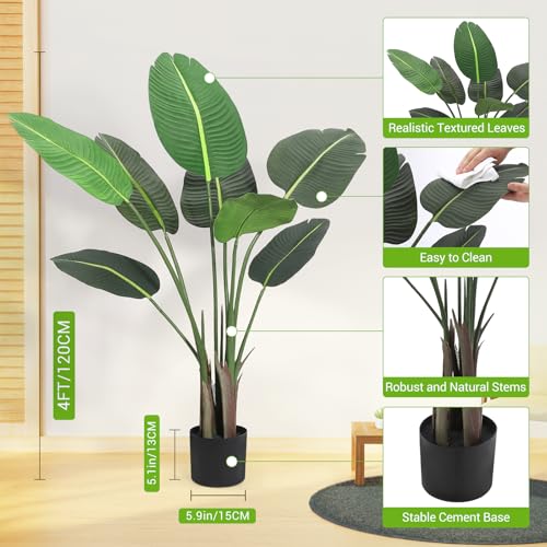 Garvee Artificial Bird of Paradise Plant, 4 Ft Faux Tropical Palm Tree, Fake Banana Leaf Tree Potted Silk Plant for Home Decor Indoor Outdoor Living Room Office Housewarming Gift