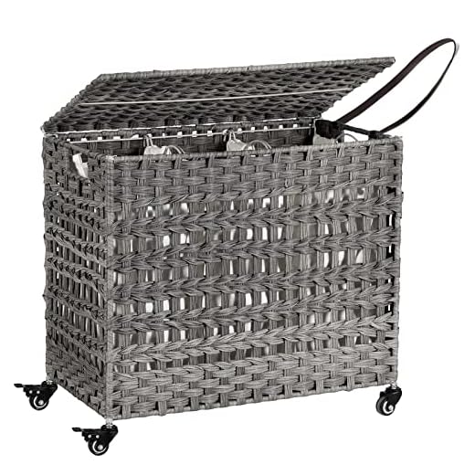 SONGMICS Handvävd tvättkorg med lock, tvättkorg i rottingstil med 3 separata fack, handtag, avtagbara foderväskor, för vardagsrum, badrum, tvättstuga, grå LCB083G02