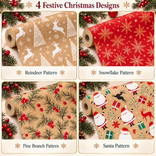 AstraVox Christmas Wrapping Paper 4 Rolls, Kraft Gift Wrap Holiday Designs — 사진 3