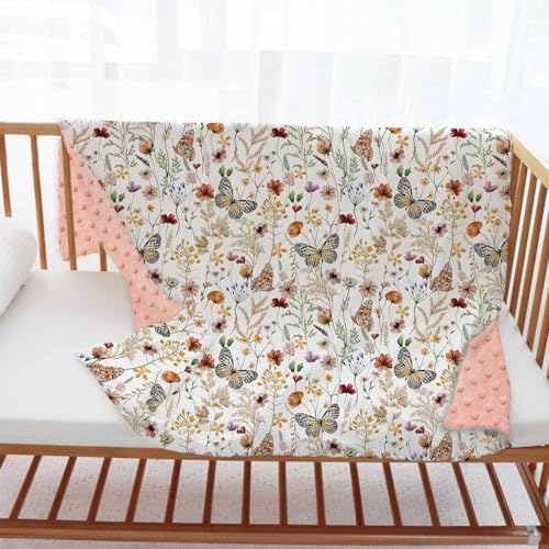 Image of Wildflower Butterfly Baby Blanket for Girls, Soft Double Layer Minky with Dotted Backing, Flower Garden Theme Toddler Nursery, Newborn Infant Toddler Crib Bedding, Receiving Blankets, 30 inchx40 inch